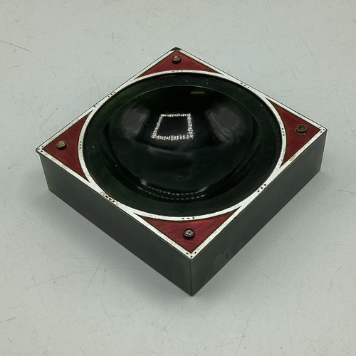 69 - A Nephrite, white metal and engine turned enamel pin tray with old and rose cut diamond accents(one ... 