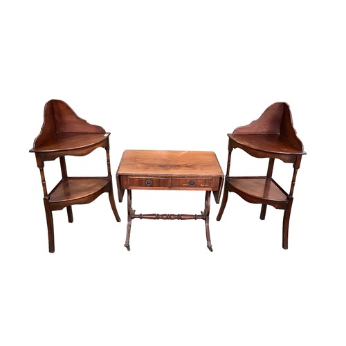 565 - Pair of mahogany washstands 90 cm H x 35 cm D and a small drop leaf sofa table 103 cm (leaves up) x ... 