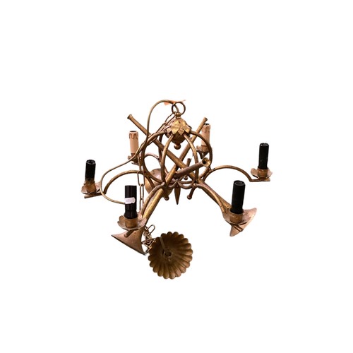 231 - A gilt coloured modern 6 branch chandelier, modelled with two crossed hunting horns, 37cm High