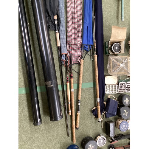 200 - Large quantity of fishing equipment, to include, 5 carbon rods, salmon and others, Hardys, Vulcan X,... 