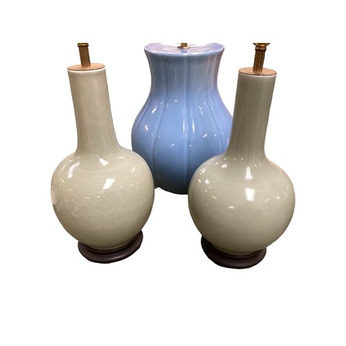 199 - Five ceramic table lamps to include a pair of Celadon style bulbous table lamps and a similar celado... 