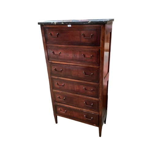 Continental marble topped inlaid mahogany six drawer chest, 144 cm H x ...