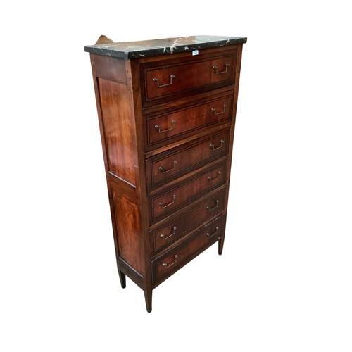 603 - Continental Edwardian marble topped inlaid mahogany six drawer chest, 144 cm H x 75cm L x 31 cm D.