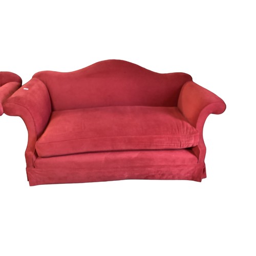 616 - Pair of red upholstered Camel back sofas, old frames. Now in need of re-upholstery