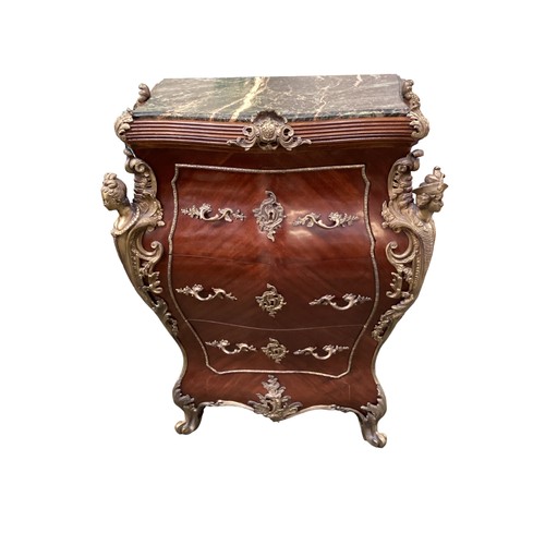 579 - Louise XV style bombe shaped chest with ormolu mounts and green veined  marble top, 100 cm H x 71 cm... 