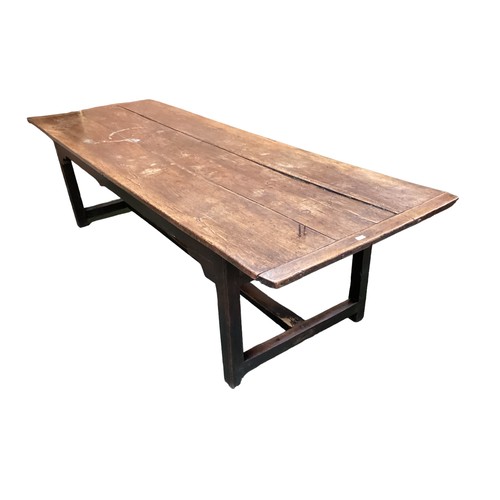 623 - Large French provincial chestnut plank top refectory table  274 cm L x 95 cm W, old worm holes, see ... 