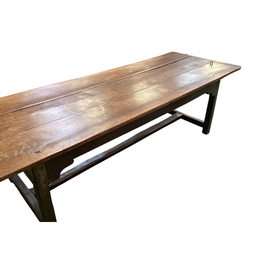 623 - Large French provincial chestnut plank top refectory table  274 cm L x 95 cm W, old worm holes, see ... 