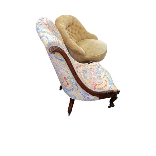 582 - Victorian scroll back slipper chair, Victorian walnut framed upholstered nursing chair