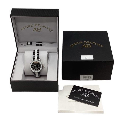 197 - Andre Belfort gentleman's automatic wristwatch, black face with white enamel bezel, unworn boxed wit... 