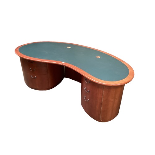 583 - Large kidney shaped cherry wood leather topped office desk, (top, pedestals and back detach), small ... 