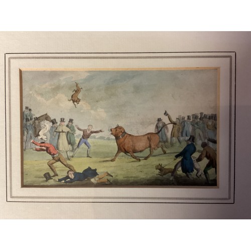 420 - A small pair of hand coloured prints, one of bear baiting, and bull/terrier fighting, 8 x 13.5 cm, P... 