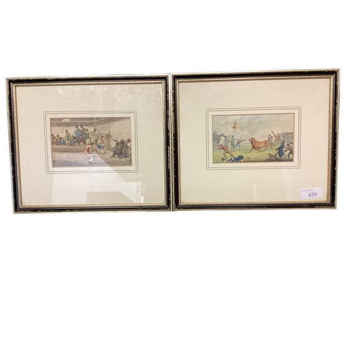 420 - A small pair of hand coloured prints, one of bear baiting, and bull/terrier fighting, 8 x 13.5 cm, P... 