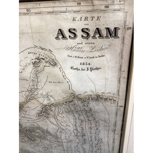 421 - Three framed and glazed maps, one of Assam, one of Burmese Empire (vendor inherited from the Higgins... 