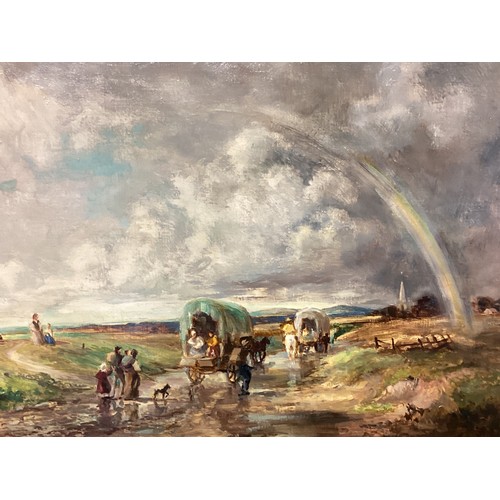 436 - A decorative gilt framed oil on canvas of a scene of Gypsies in a waggon along a country road, 29 x ... 