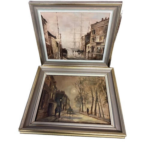 432 - A set of three framed and glazed decorative oils, of town houses alongside the river, signed M J Run... 