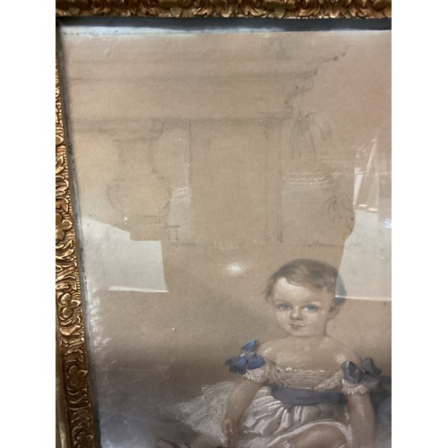 423 - Av pencil chalk drawing of a 19th century child at play in a gilt glazed frame. 31cm x 22cm.