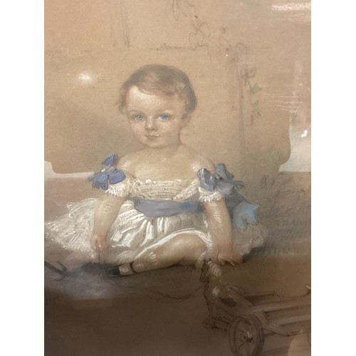 423 - Av pencil chalk drawing of a 19th century child at play in a gilt glazed frame. 31cm x 22cm.