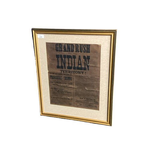 418 - Grand Rush for Indian Territory. A framed 19th century style advertising poster in a gilt glazed fra... 