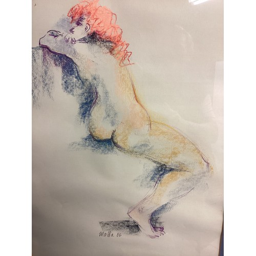 409 - A framed and glazed pencil and chalk sketch, nude, signed and dated Molla 86, 69 x 49cm ; purchased ... 