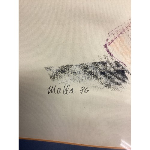 409 - A framed and glazed pencil and chalk sketch, nude, signed and dated Molla 86, 69 x 49cm ; purchased ... 