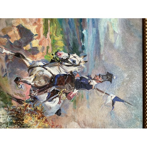 439 - A continental oil on canvas of a cavalry officer indistinctly signed lower right and dated 1936 toge... 