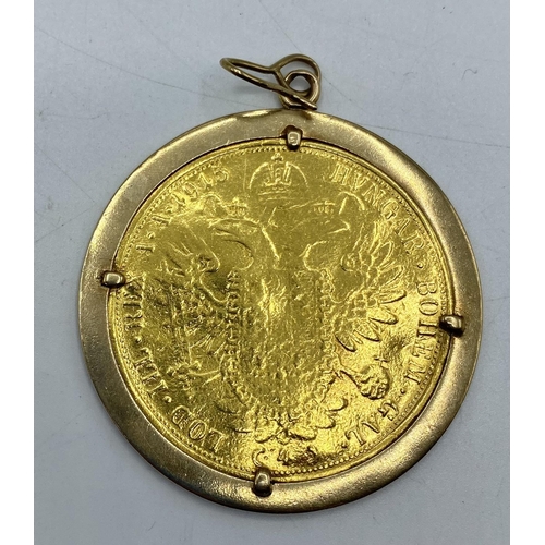 161 - An Austro-Hungarian 4 Ducat gold coin in an unmarked yellow metal mount.19.20g.