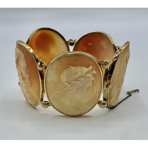 162 - A 19th century cameo bracelet. Five oval cameos of classical busts in an unmarked yellow metal mount... 