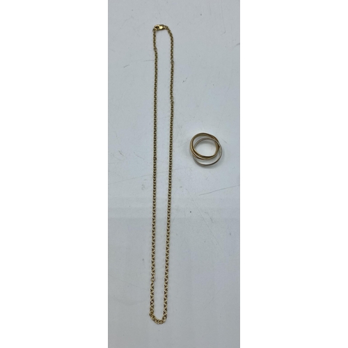 166 - An 18ct tricoloured gold Three band Russian ring on an 18ct gold chain link necklace. Ring Size L. L... 