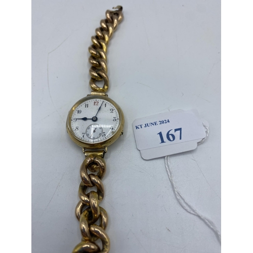 167 - An 18ct gold cased gents wristwatch on a 9ct rose gold curb link strap. Gross weight. 33g.