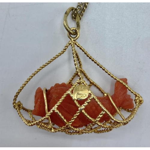 171 - An 18ct gold and pink coral pendant on a 9ct gold chain link necklace. Gross 11g.
