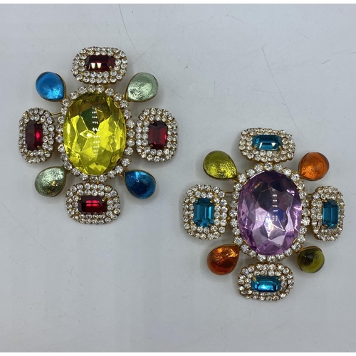 5 - Chanel. Spring 1995 Two Couture Vintage Iconic Large crystal cross pendant brooches Gilt metal with ... 