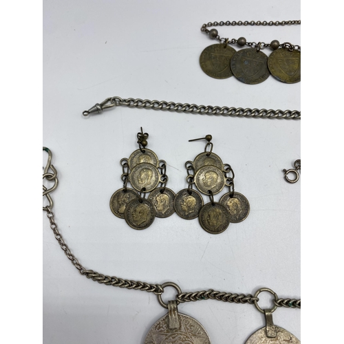 180 - A Moroccan Berber coin set necklace together with other coin set white metal items.