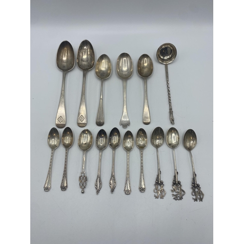 29 - A collection of sterling silver flatware and an unmarked white metal toddy ladle. 357g.