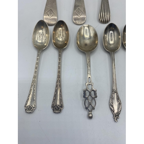 29 - A collection of sterling silver flatware and an unmarked white metal toddy ladle. 357g.