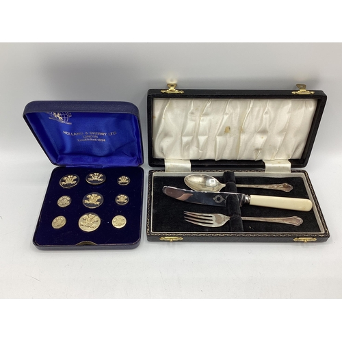 34 - A collection of sterling silver and white metal items to include a boxed set of gilt Royal Regiment ... 