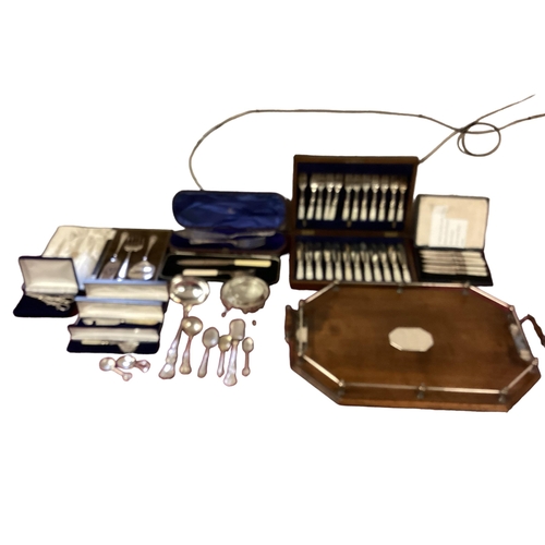 59 - A collection of silver plated wares together with an oak hexagonal tray with white metal gallery and... 
