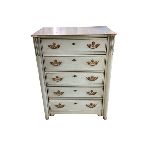 559 - Blue painted Scottish chest of 5 long drawers. 87.5 cm W x 115.5 cm H x 53 cm D