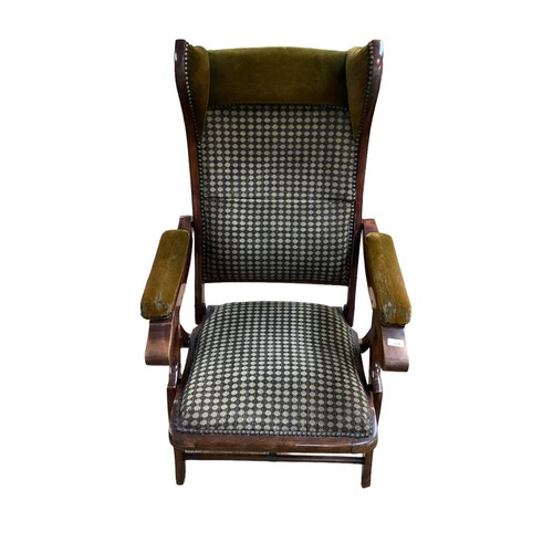 628 - Edwardian reclining and folding deck chair, studded upholstered seat, arms and back