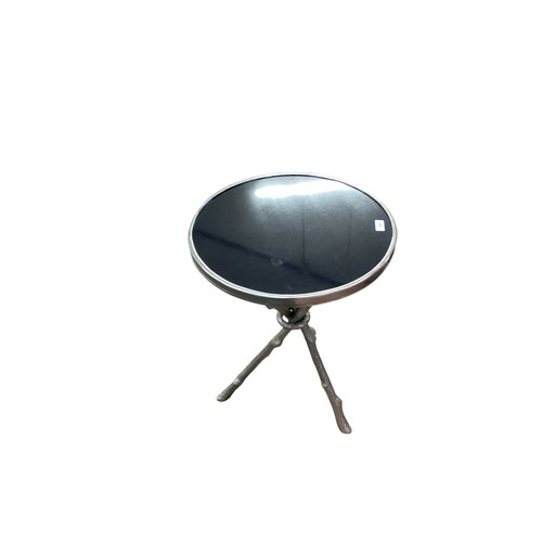 595 - Contemporary heavy metal circular occasional table with wood effect legs, black granite top 42 cm di... 