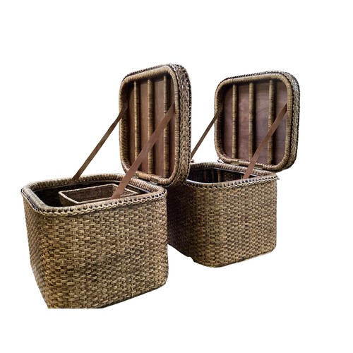 552 - Pair of modern varnished Oka style wicker baskets with lids and wooden bases and a WPB all in good c... 