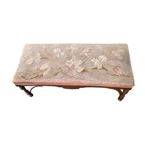 593 - Rectangular carved hardwood window seat/duet stool with tapestry seat 122 cm L x 52.5 cm W x 52 cm H... 