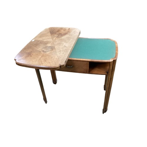 597 - Art deco folding card table with green baize interior.  Sun bleaching to top. 79 cm W with an adjust... 