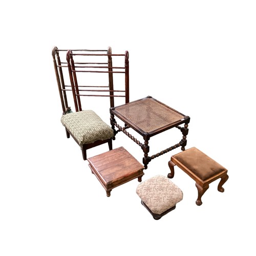 635 - Seven pieces of furniture to include pair of towel rails, bergere stool and 4 various stool.