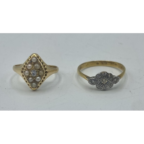 99 - Two 18ct gold and diamond set rings. 4.1g. Size K/M.