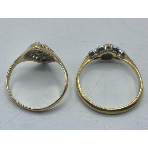 99 - Two 18ct gold and diamond set rings. 4.1g. Size K/M.