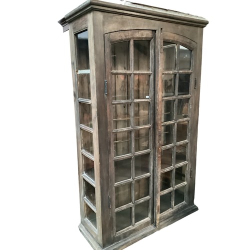 530 - Antique continental stained pine and oak glazed cabinet, wooden and glass shelves 222 cm H x 139 cm ... 