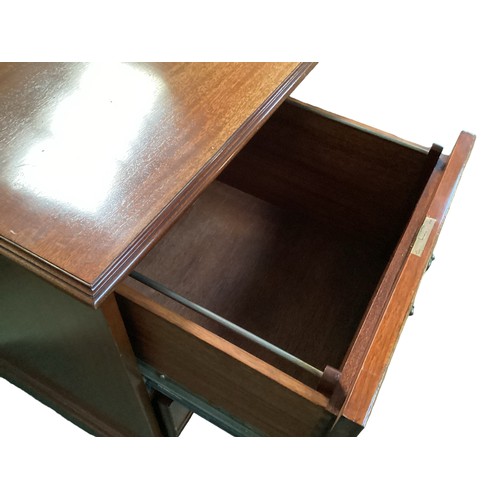 576 - Mahogany four drawer filing cabinet with hanging rails, key present 100 cm W x 78 cm H x 61 cm D