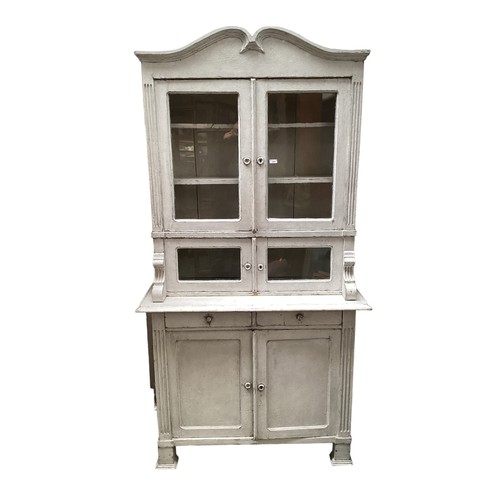 519 - C19th continental two piece painted dresser with glazed upper section.  109 cm W x 212 cm H x 46 cm ... 