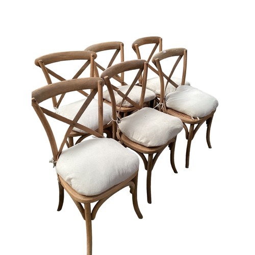 521 - Set of six OKA dining chairs with seat cushions, some frame breaks and replacement seats.