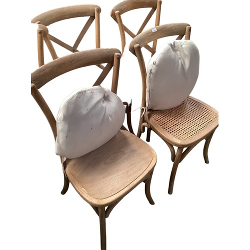 521 - Set of six OKA dining chairs with seat cushions, some frame breaks and replacement seats.